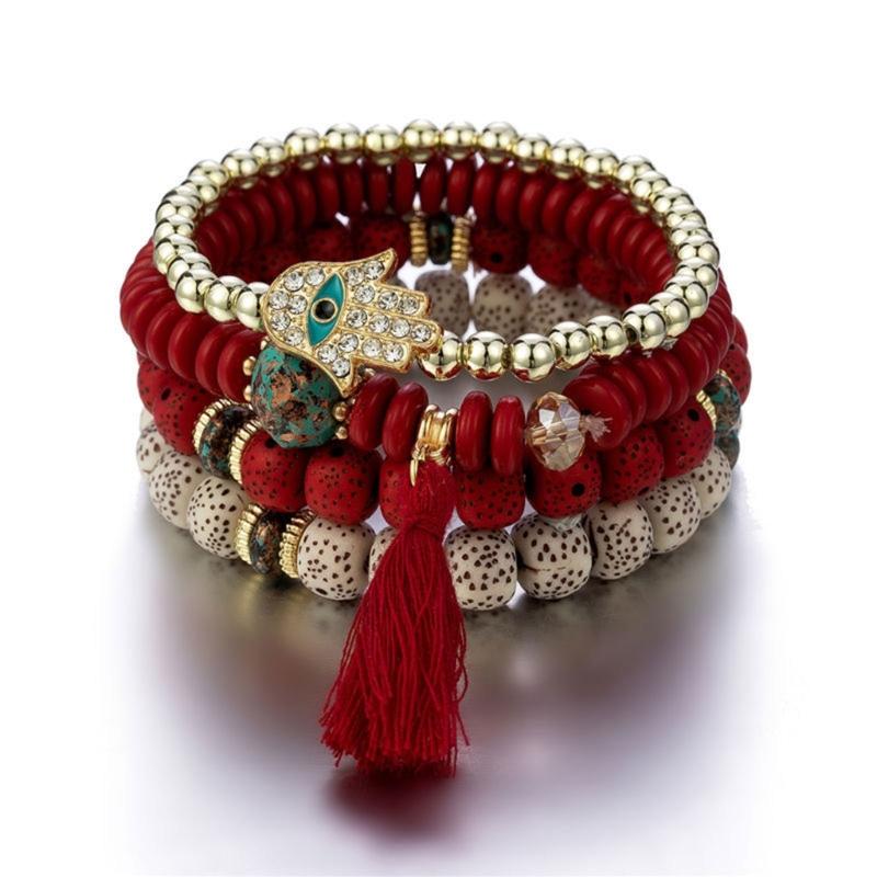 4Pcs Bohemian Styles Bracelet Set for Women with Crystal Hand Tassels Charm and Stone Beads Chain Stylish Outfits
