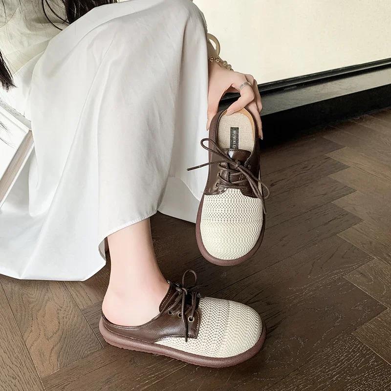 Women's Mules Round Toe Lace-up Cover Toe Flat Sole Women's Slippers Dress Daily Commute Retro Hollow Upper Zapatillas De Mujer