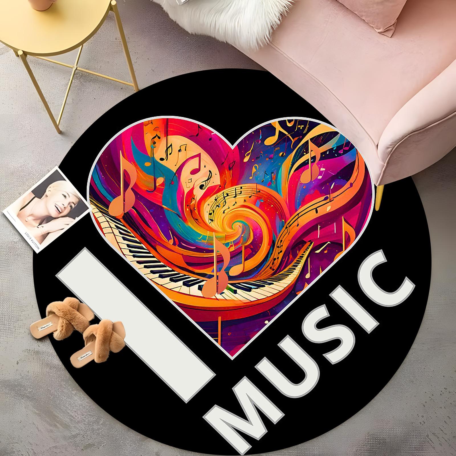 

Colorful Music Heart Round Rug I LOVE MUSIC Piano & Notes Design, Vibrant Living Room Carpet, Non-Slip Artistic Floor Mat 60cm