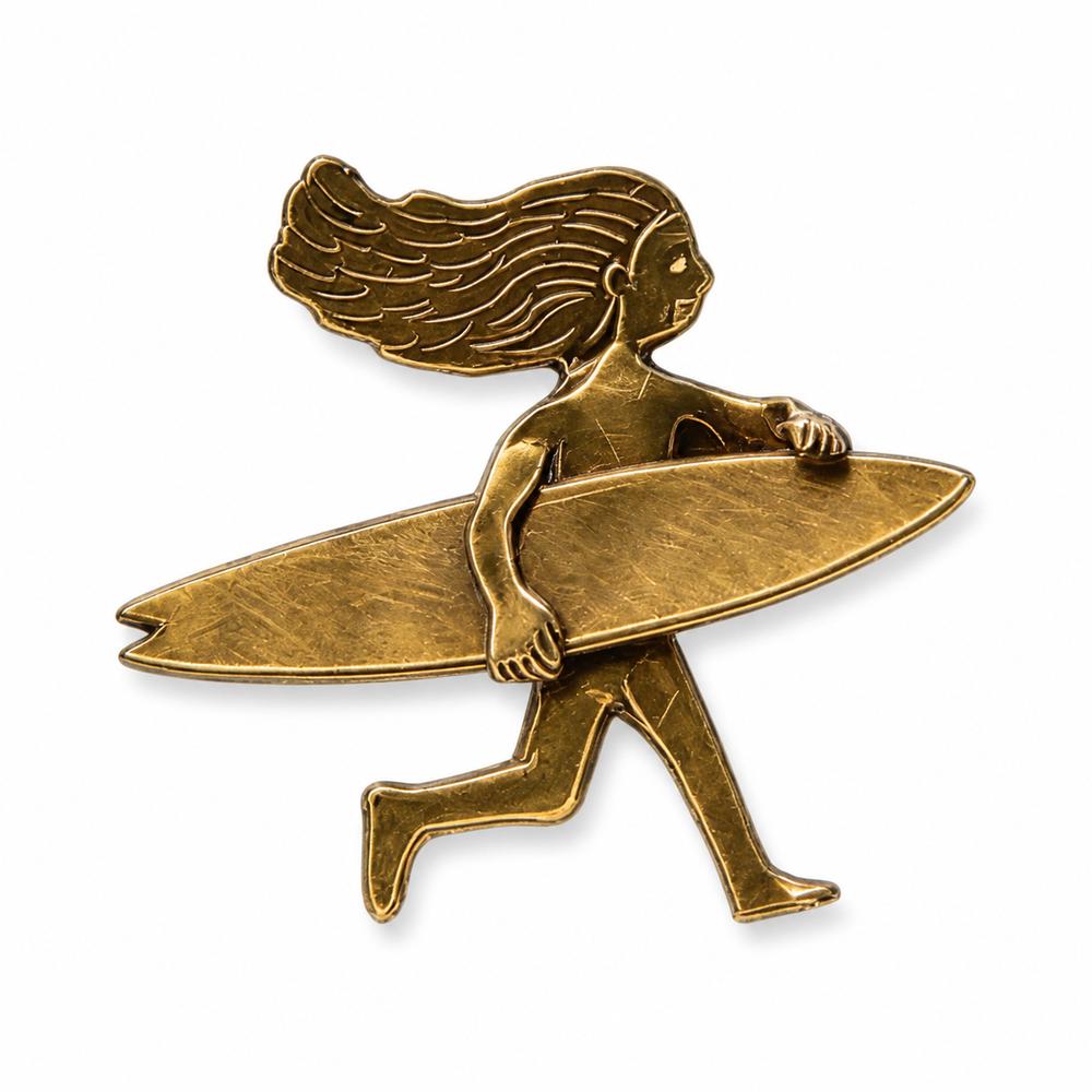Antique Gold Surfer Girl Brooch Metal Lapel Pin Bag Decoration Surfboard Pin Clothing Decoration Style 1
