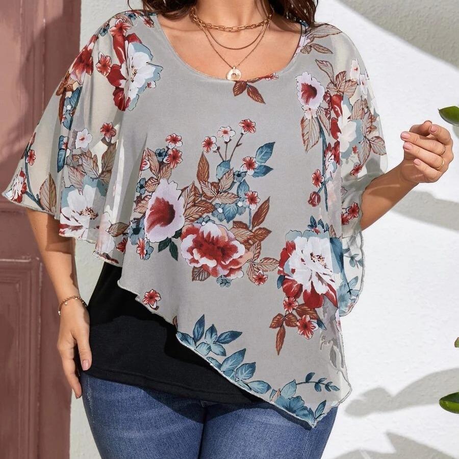 

Летняя женская футболка с шифоновой шалью и топом с короткими рукавами больших размеров 4XL серый