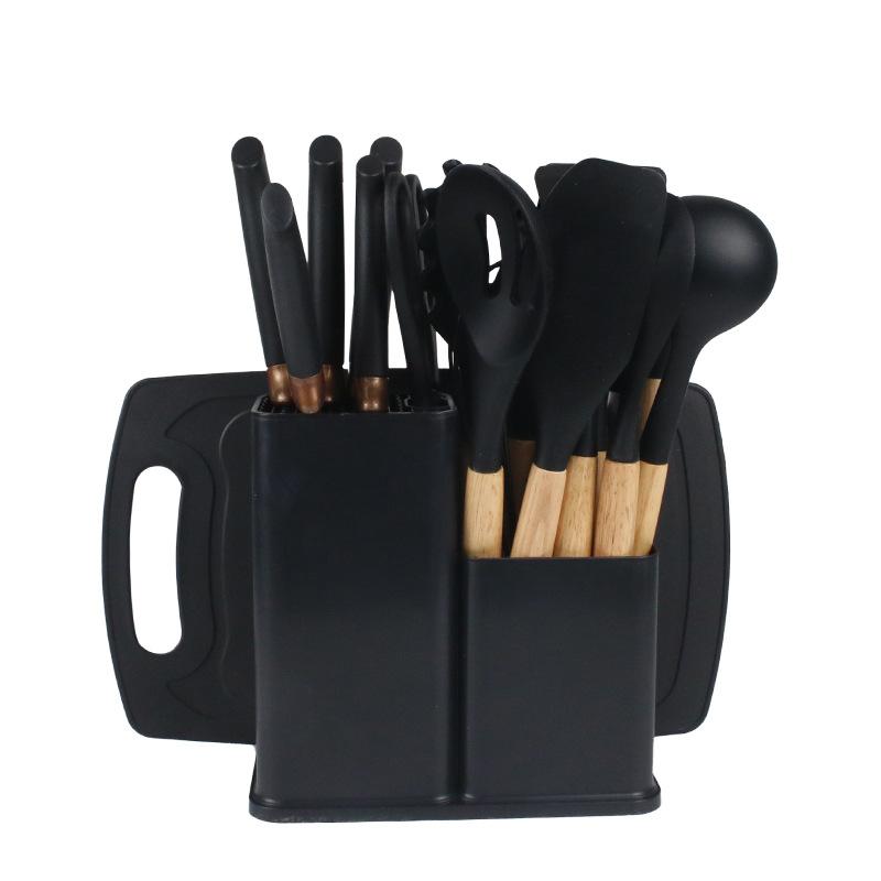

Набор кухонных принадлежностей из термостойкого силикона с антипригарным покрытием, 19 предметов, ножи и инструменты в бамбуковом ящике для хранения, идеально подходит для легкой готовки чёрный