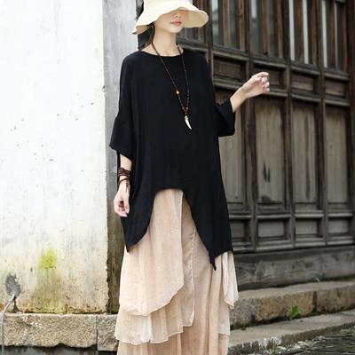 DIMANAF Donna T-shirt Nera Irregolare Taglia Grande Camicetta Nuova Manica Corta Lino Larga Camicia Moda Primavera Estate 2024