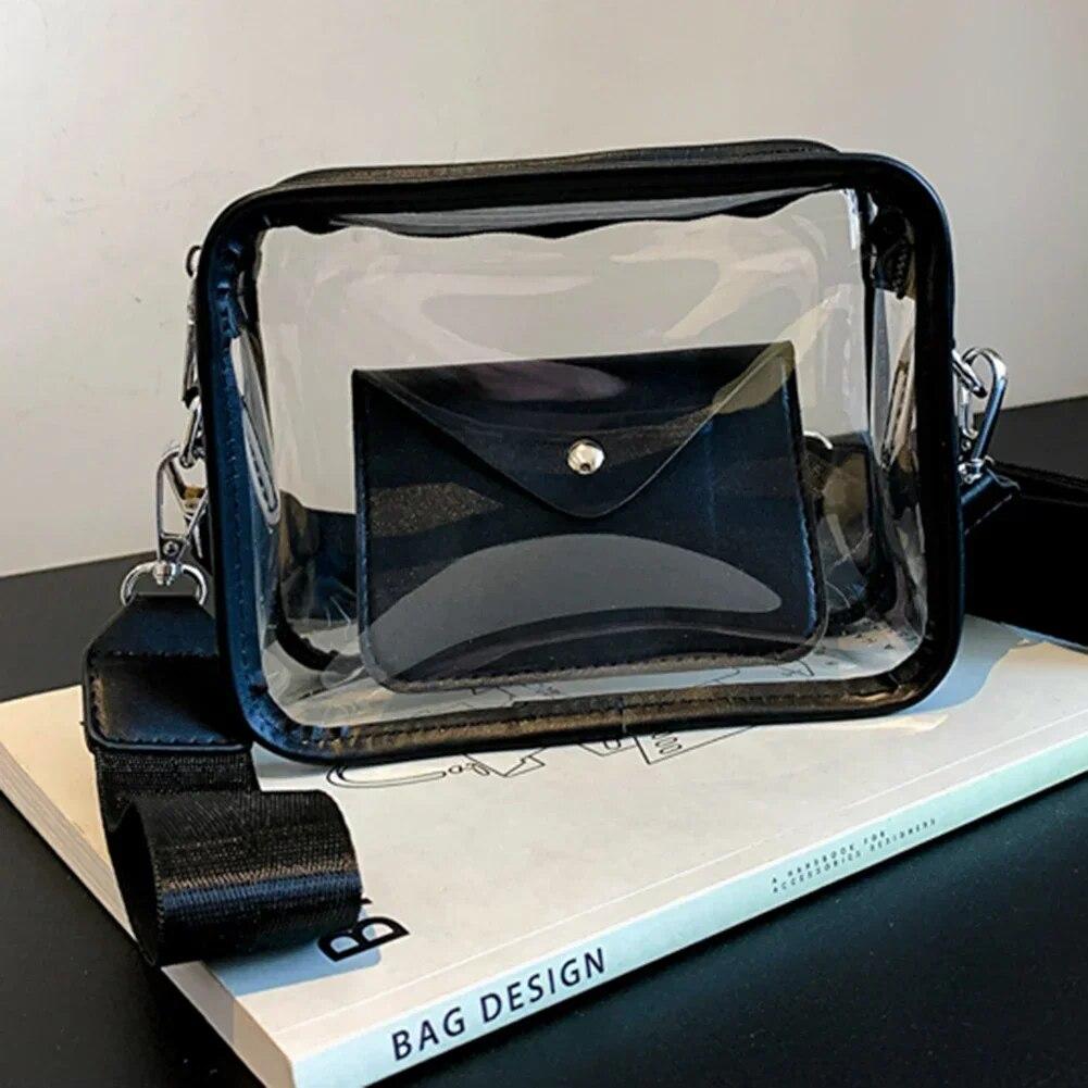 Sommer-Einkaufstasche für Damen, PVC, transparent, durchsichtig, Stadiontasche, modisch, tragbar, schlicht, elegant, verstellbarer Riemen mit kleinem Kartenetui