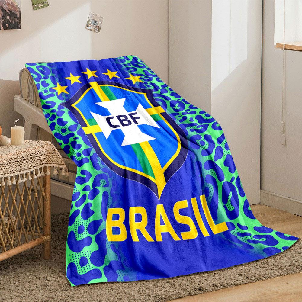 Blue and green leopard print background with a Brazil CBF emblem. for all seasons blanket lunch break throw gift