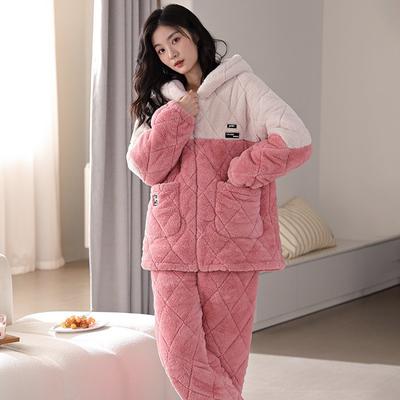 Flannel Three Layer Cotton and Pile Thick Pajamas Women Autumn and Winter Coral Velvet Can Be Worn Outside The Home Suit