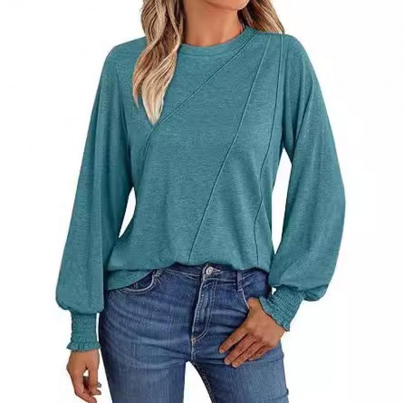 2026 popular women's long-sleeve shirt with pleated round neck, autumn top, fashionable women's clothing