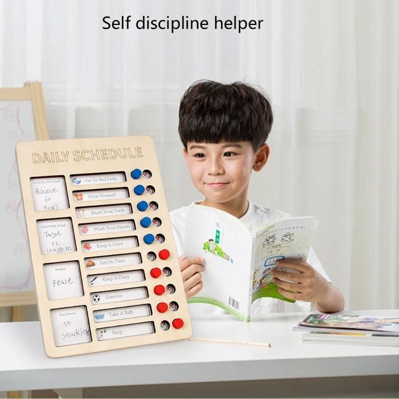 Portable Chores Chart for Kids with Double Sided Chore Cards and Marker Wood Chores Chart Children Daily Checklist Board