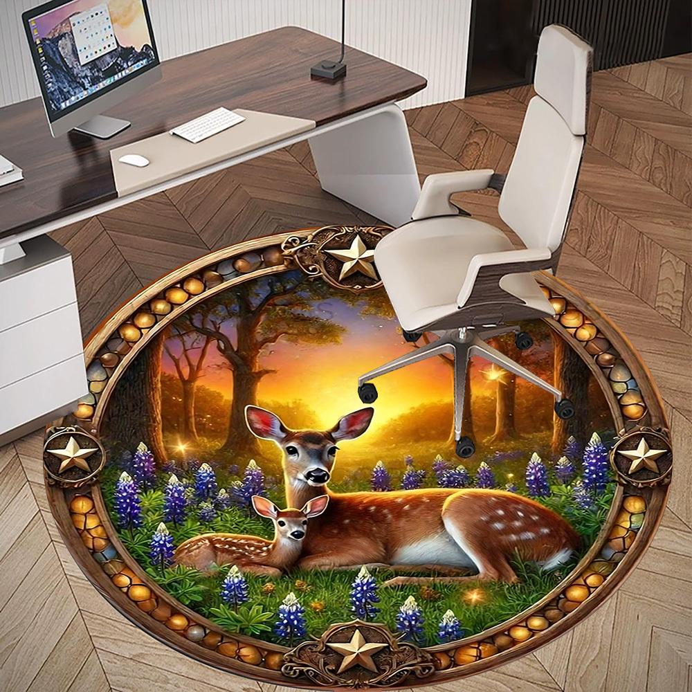 1pc Deer Forest Round Chair mat Area Rug - Non-Slip, Floor Mat for Office, Bedroom, home decor Christmas Gift-1002336