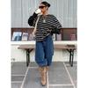 Women Striped Crew Neck Fake Two Piece Loose Long Sleeve Casual Sweatshirt