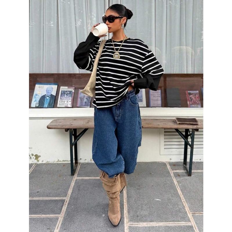 Women Striped Crew Neck Fake Two Piece Loose Long Sleeve Casual Sweatshirt