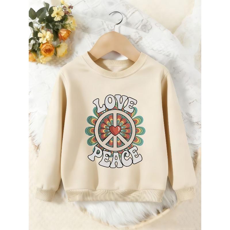 Unisex Kids Crewneck Sweatshirt, Retro Love Peace Sign Floral Heart Print Pullover, Boys Girls Casual Sweatshirt For Kids Over 4 Years Old