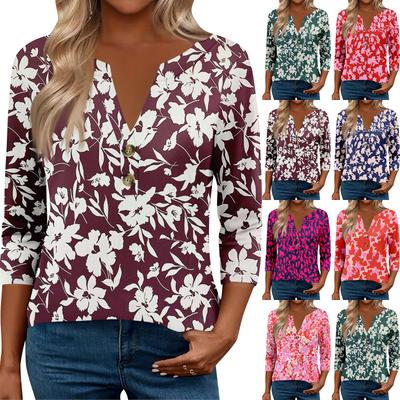 3/4 Ärmel Damenoberteile für Frauen Henely-Tops Knopf V-Ausschnitt Locker sitzend Schick Damen Sommeroberteile