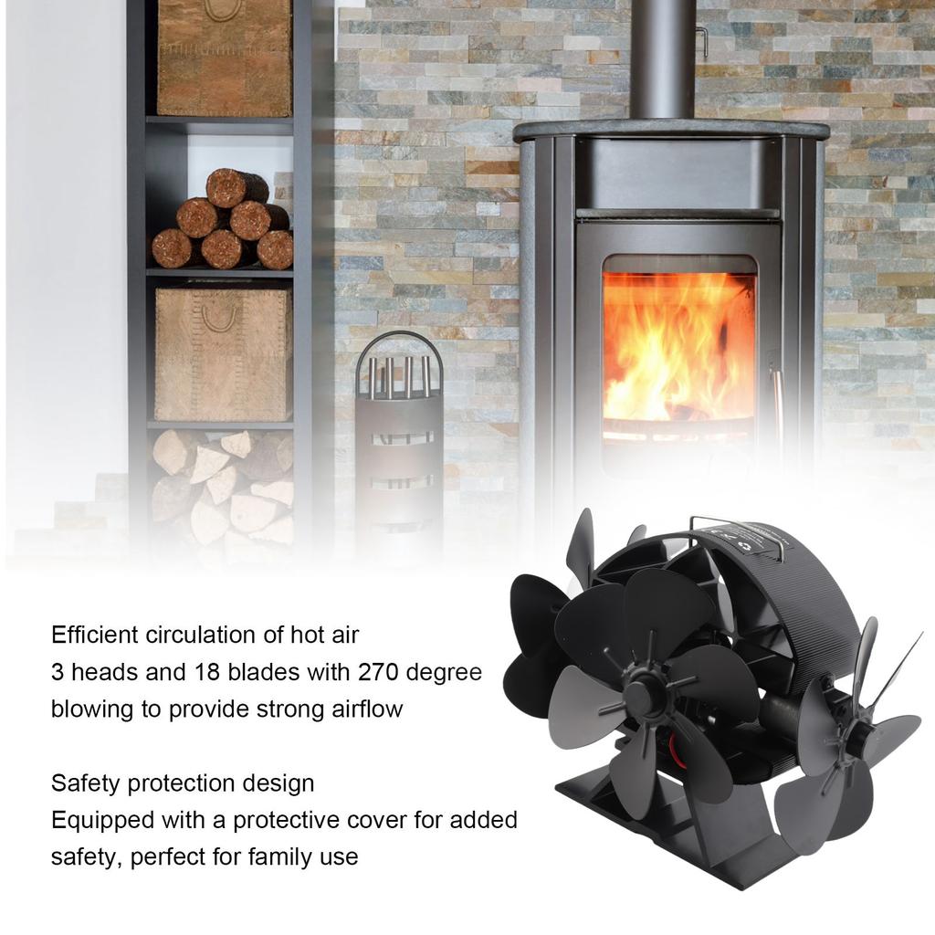Wood Burning Stove Fan Efficient Airflow 18 Blades Aluminum Stove Fan Energy Saving Protective Cover with Handle for Fireplace