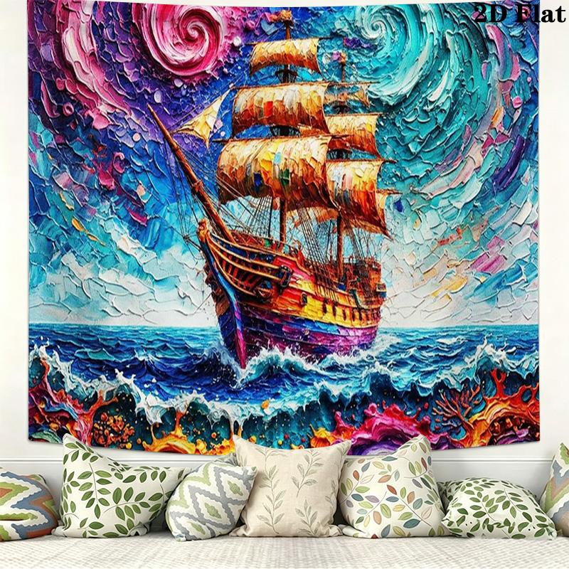 Pirate Ship Art Wall Tapestry Aesthetic Wall Hanging Printed Fabric Blanket Decorative Tapestries for Bedroom Living Room Home Decor
