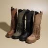 Europäischer und amerikanischer Retro-Stil Fransenstiefel Herbst und Winter neue Nieten Gürtelschnalle hohe Stiefel modische vielseitige Ritterstiefel