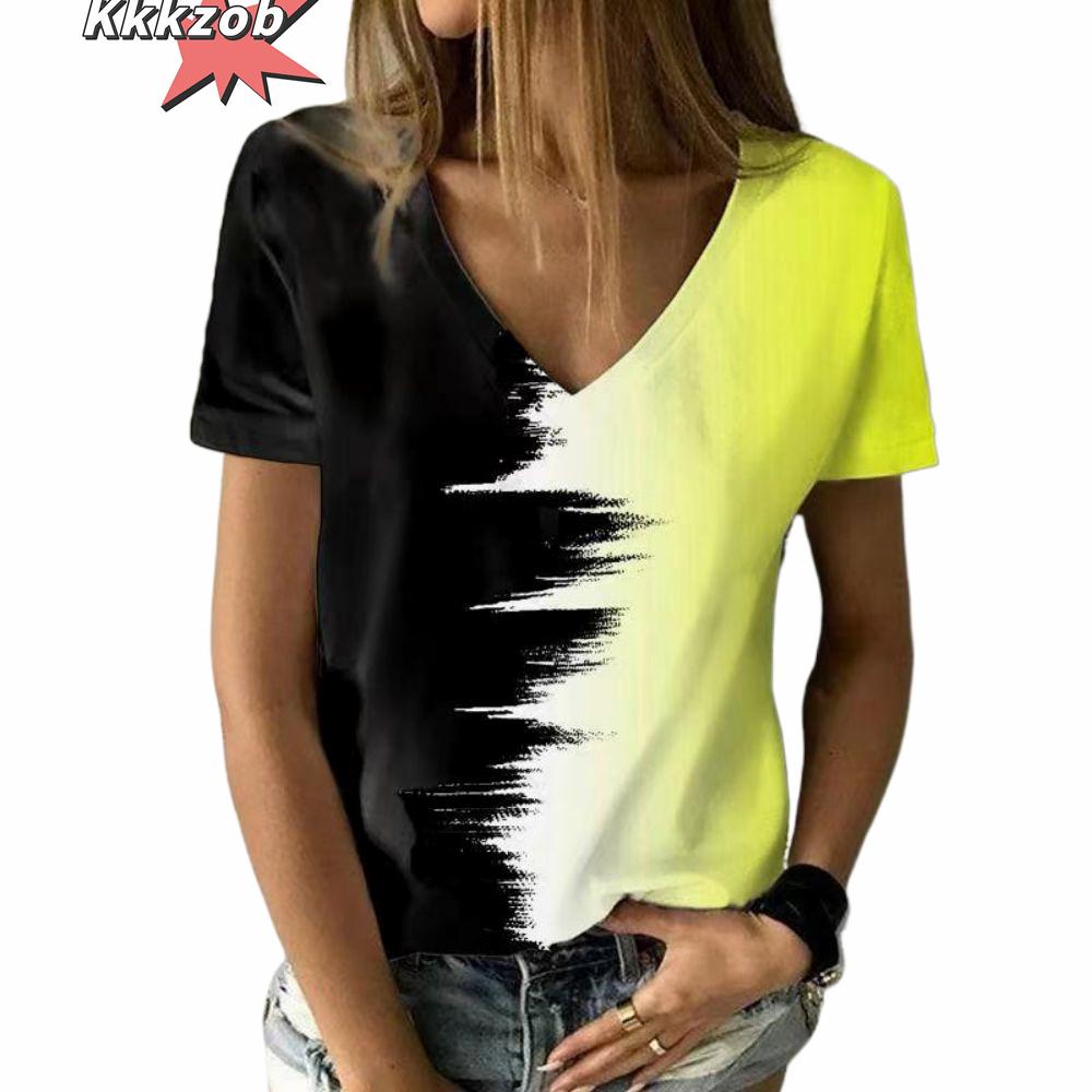 Women's T-Shirt Solid Color Gradient 3D Printing V-Neck Women's Tops Summer Women's Casual Fashion Loose Hundred Short-Sleeved