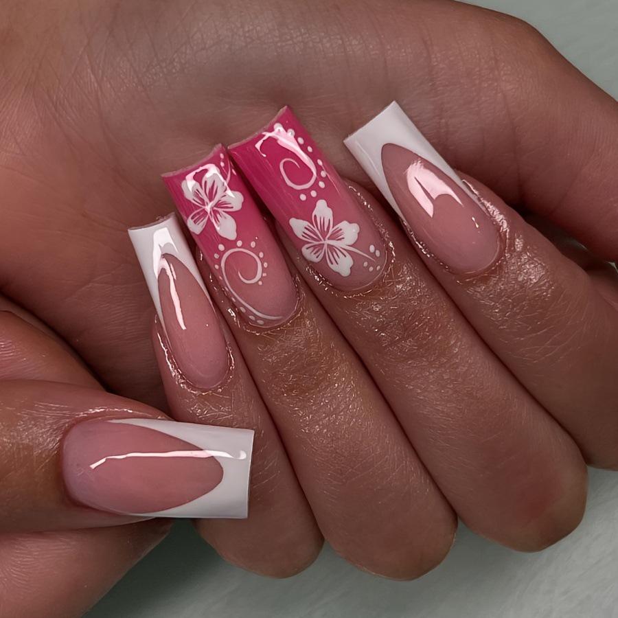 Pink & White Gradient French Floral Fake Nails - Summer Fresh Style