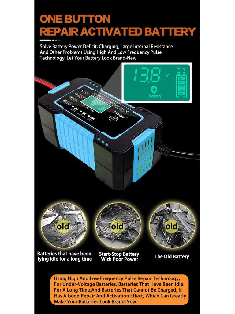 12V 6A Smart Pulse Repair Charger with LED Display for SUV & Motorcycle