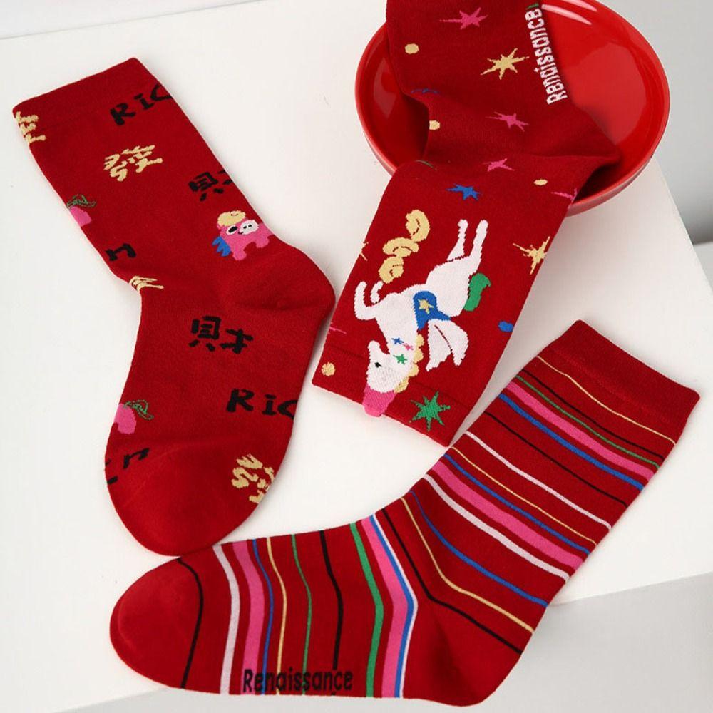 3Pairs Cartoon Year of The Horse Socks Winter Autumn Red Cotton Socks New Year Tube Socks  Gift