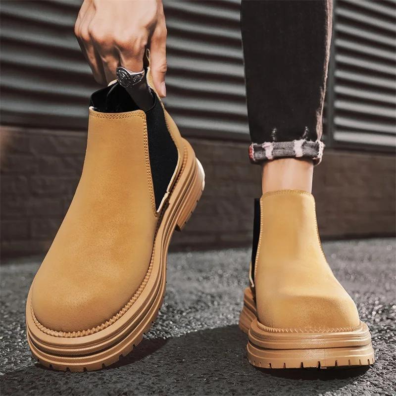 Fashion British Style Leather Men Shoes Men's Chelsea Boots Autumn Winter Ankle Boots Men Slip on Casual Mens Platform Shoes Sneakers