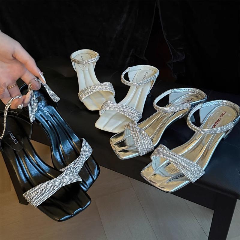 ~ French Square Head Rhinestone with Cool Slippers for Women Wearing New Rhinestone Stiletto High Heels for Women In Summer