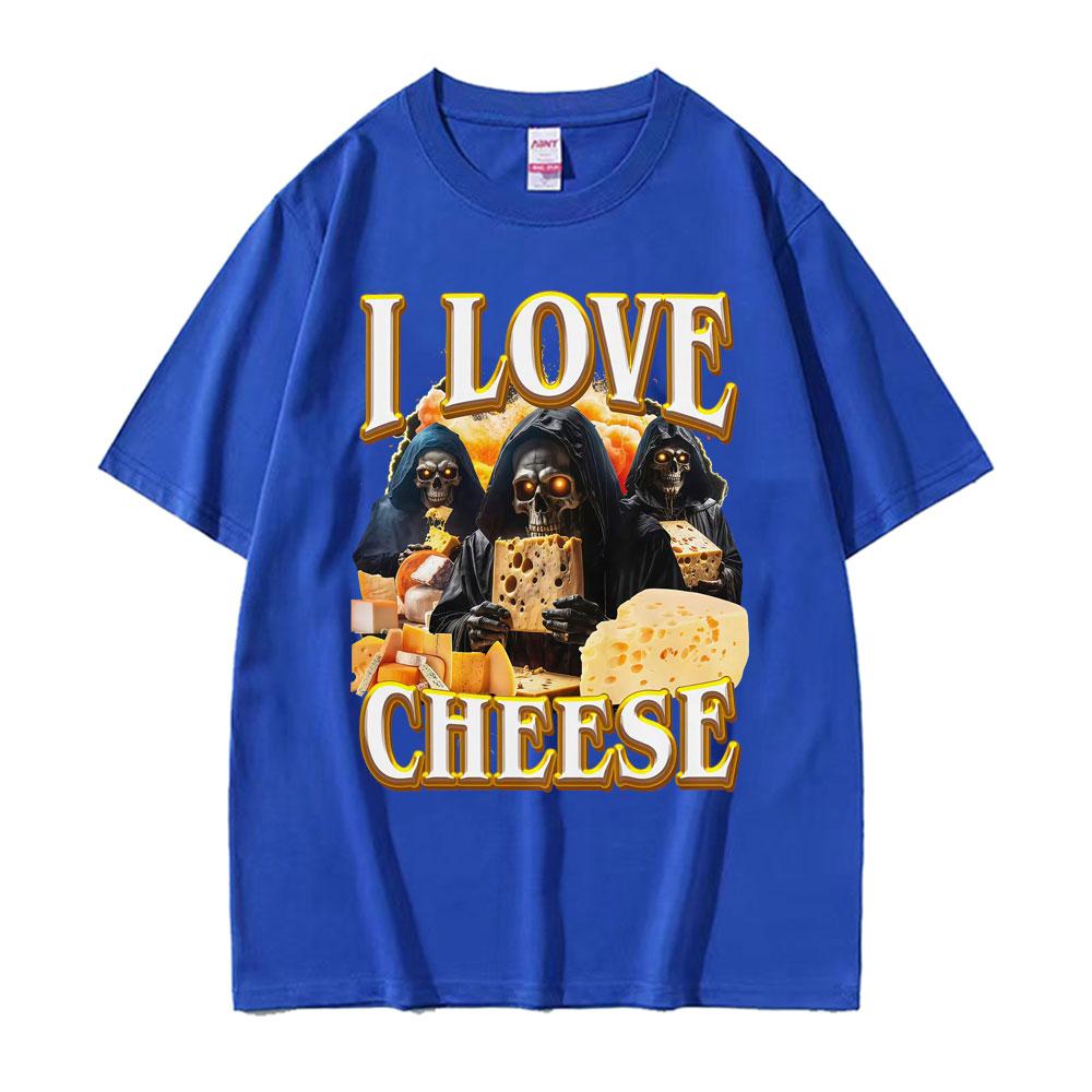 Funny Vintage Skeleton I Love Cheese Meme T Shirts Gothic Graphic T-shirts Men's Women Summer Crewneck Cotton T-shirt Streetwear