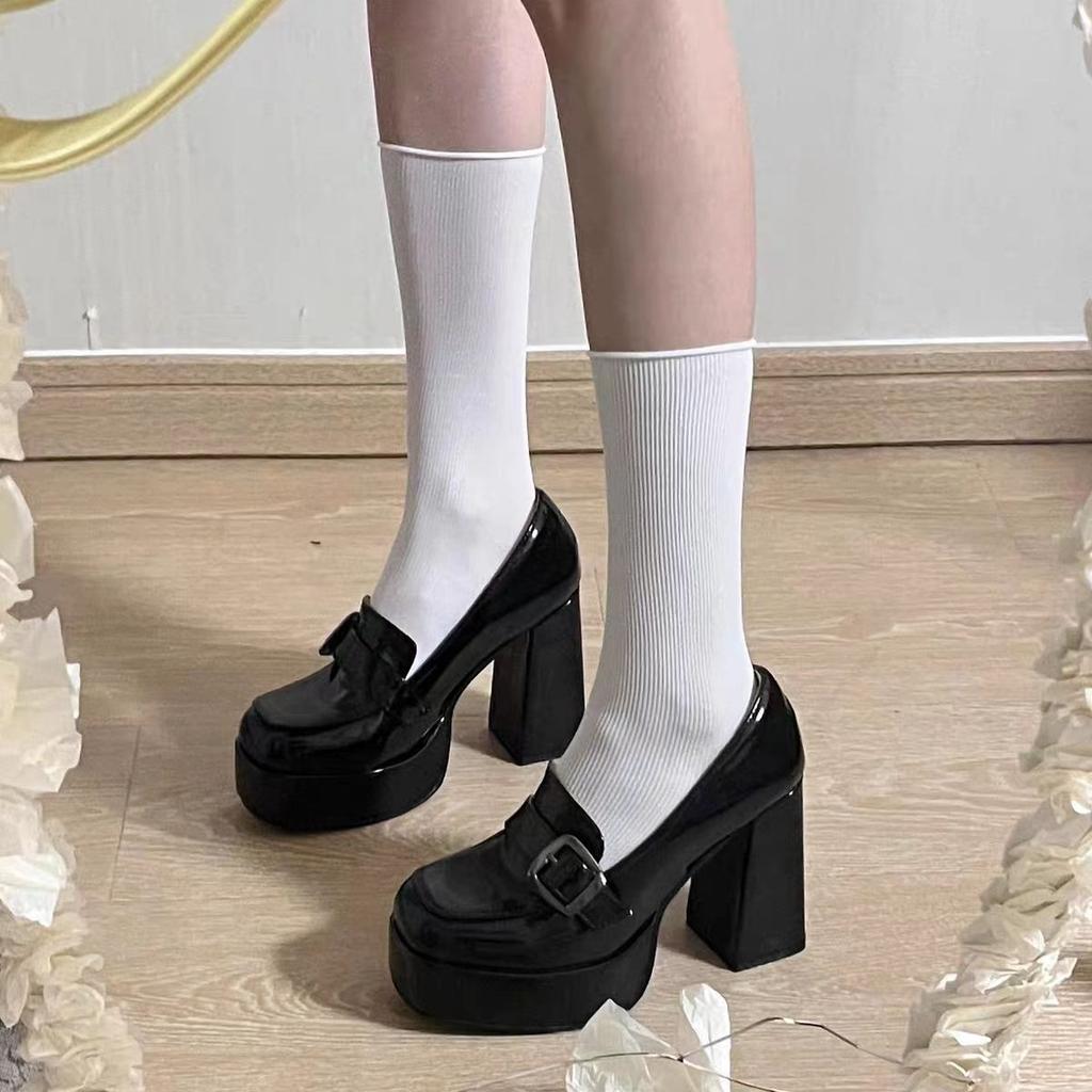 Height-increasing shallow mouth with skirt single shoes women's new spring and autumn black retro Japanese jk thick-soled Mary Jane small leather