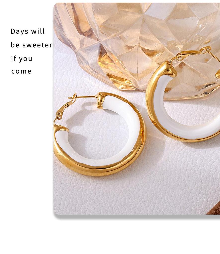 Qiong Yao European Style Circle Drip Oil Earrings, 18K Gold-Plated Stainless Steel, Hypoallergenic, Color-Retentive, Women's.