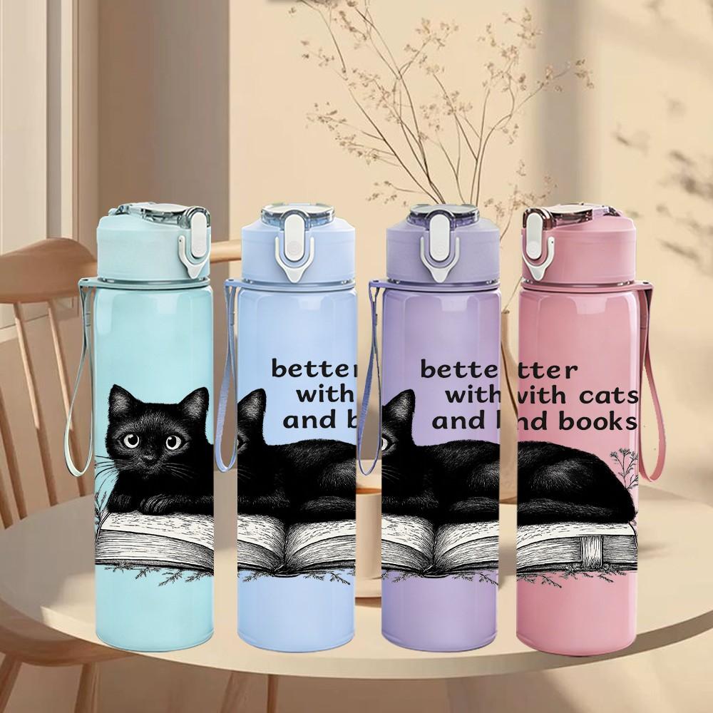 1PC Black Cat Reading Book Print 750ml Color Plastic Sports Water Bottle Leakproof Flip Straw Lid Suitable for Sports Office Home Use