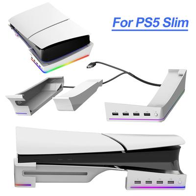 Horizontaler Ständer mit 14 Lichtmodi und 4 USB-Hubs. Basisständerhalter für Spielkonsolen für die PS5 Slim Digital Edition und Disc Edition.