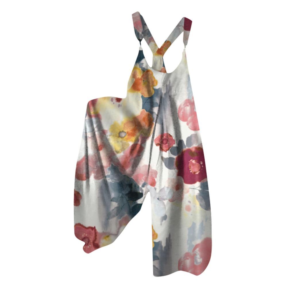 Women's Adjustable Strap Floral Print Overalls Jumpsuit Loose Fit Wide Leg Casual Suspender Pants