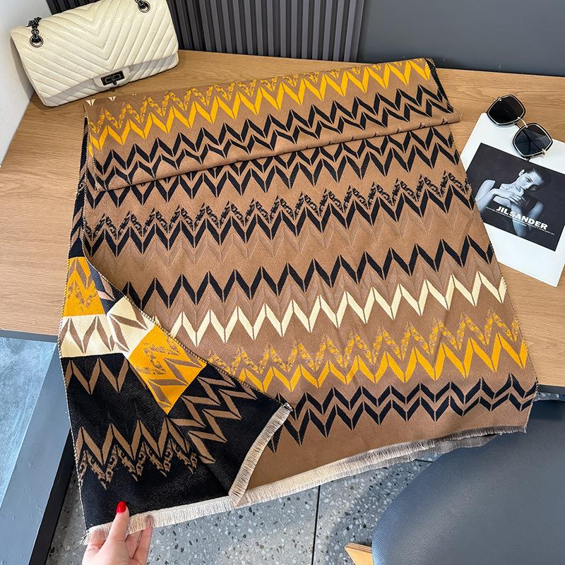 Scarf Women's Winter High-grade Imitation Cashmere Double-sided Geometric Stripes Warm and Cold-proof Large Shawl Versatile Scarf