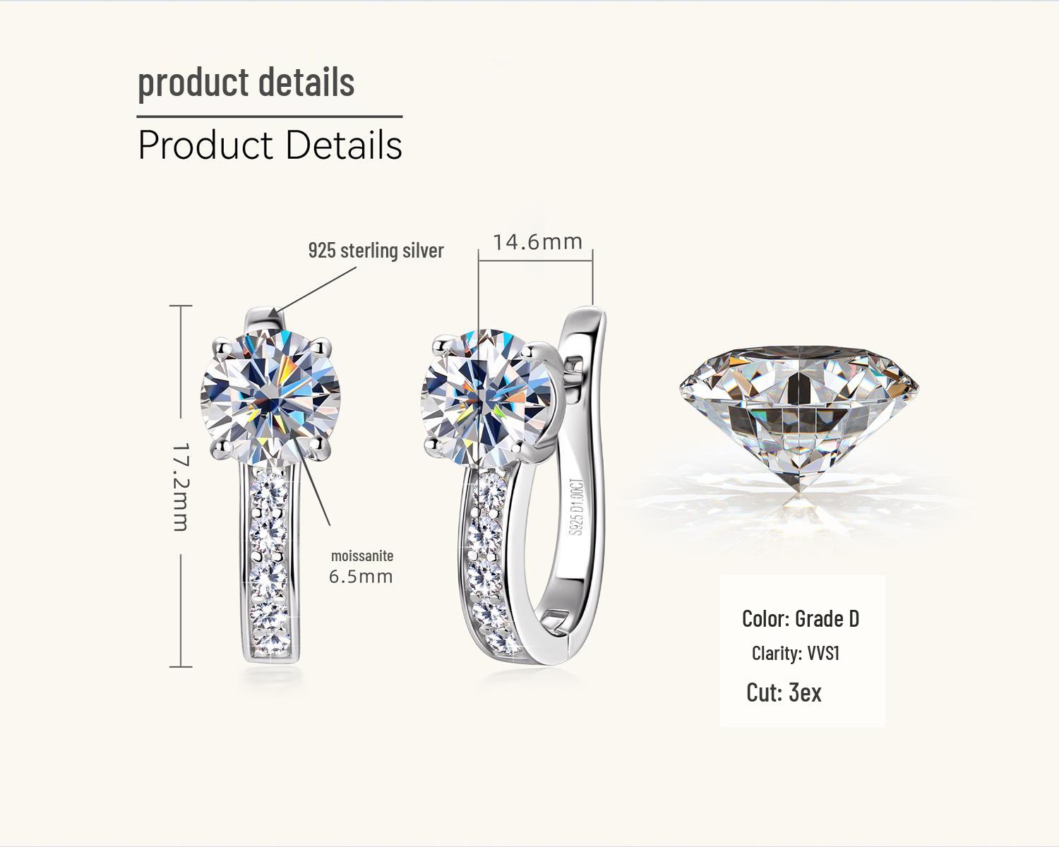 

High-End Moissanite Earrings: Korean & Japanese Inspired Sterling Silver Ear Cuffs, Micro-Paved Niche Design for Women 1 Carat + 1 Carat