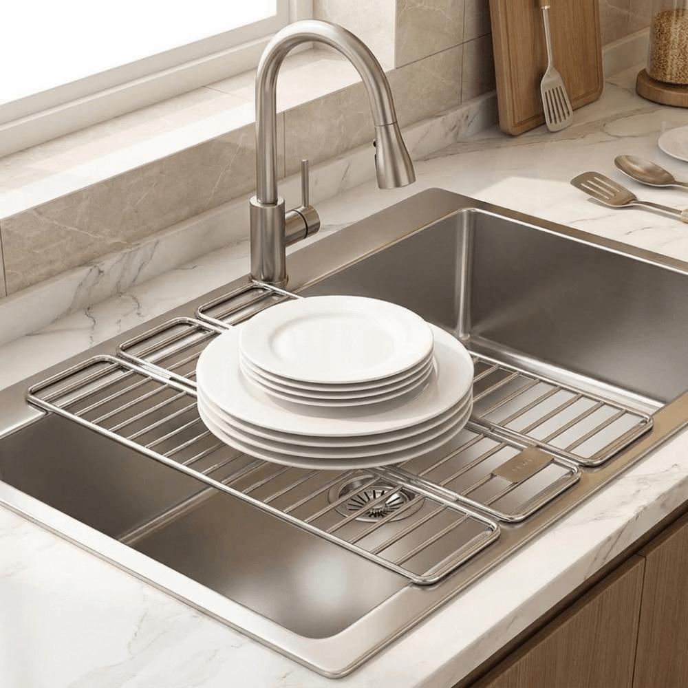 Adjustable Sink Dish Drying Rack Rust‑Resistant Over Sink Drain Mat for Kitchen