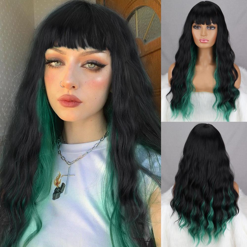 MERISIHAIR Beige White Long Water Wave Wig with Bangs Golden Brown Black Synthetic Fiber Wig for Women