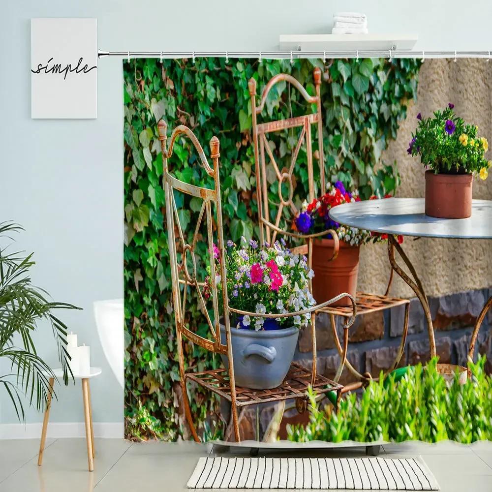 

Garden Scenery Shower Curtain Country Farmhouse Wooden House Green Plants Flower Spring Nature Photography Bathroom Decor Screen W60H190(CM)-1 Pcs