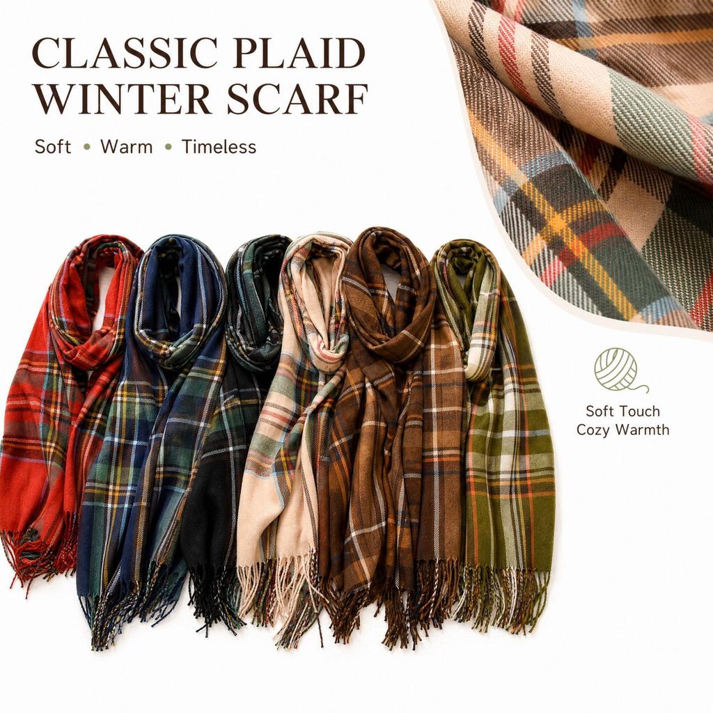 Women's Plaid Scarf, Mid-Length Warm Shawl Wrap for Fall, Winter and Outdoor Wear