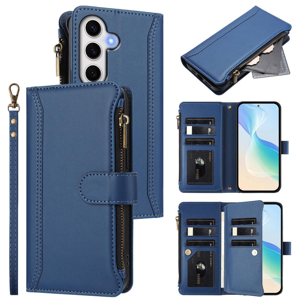For Samsung Galaxy S24 FE Leather Case 9 Card Slots Zipper Wallet Stand Phone Cover with Wrist Strap