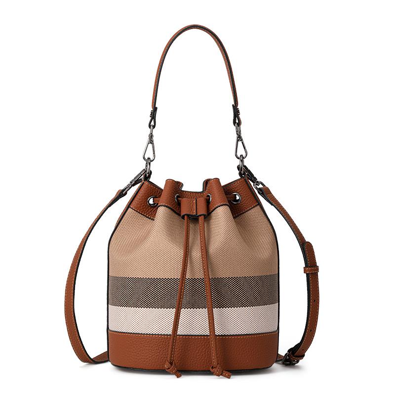 Aidrani Women's checkered shoulder crossbody bag with caramel colored drawstring closure made of canvas and cowhide