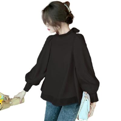 Blaue Beryll Chiffonbluse mit hinten ausgestellter Raffung und schwarzem Damenband, Ärmel, Stehkragen, Knöpfe, Manschetten, (BB025-BK-S)