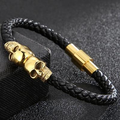 Punk Rock Charm Genuine Leather Wrap Man Bracelet Skull Men Bangle Stainless Steel Magnetic Clasp Birthday Gift for Boyfriend