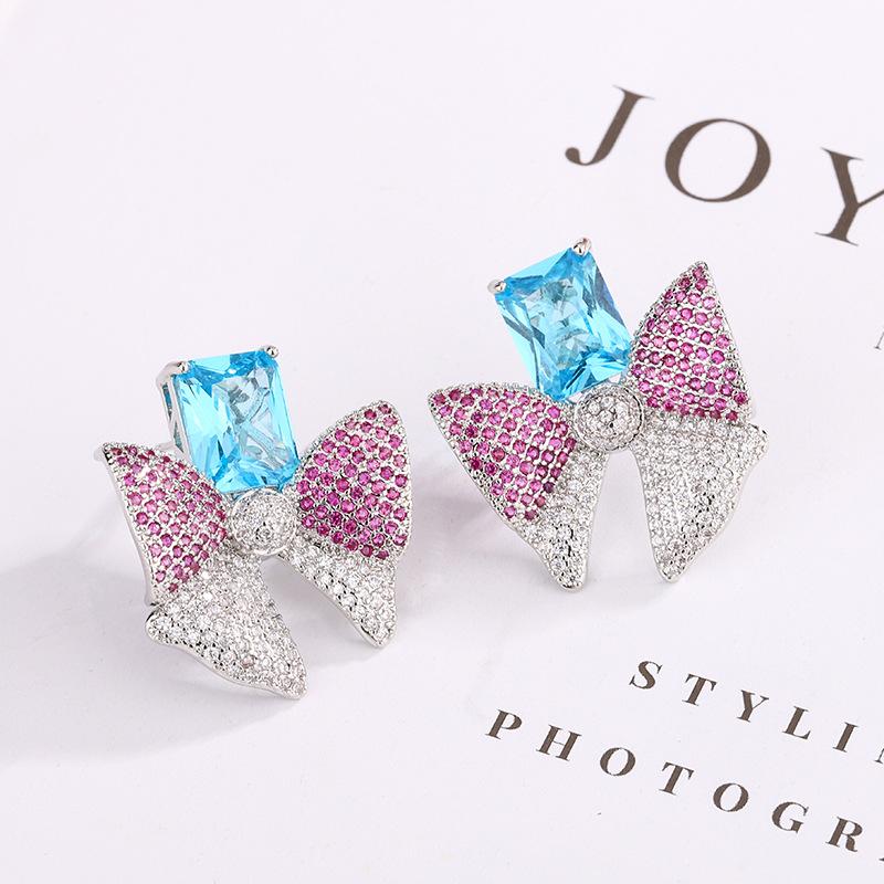 Autumn and Winter New Retro Colored Zirconium Earrings Fashionable Versatile Earrings 925 Silver Needle Bow Premium Women's Style