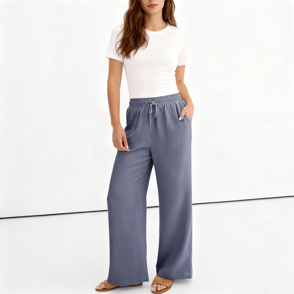 Wide Leg Pants For Women Flowy  Drawstring Elastic Waist Trousers With Pockets Summer Beach Vacation Clothes