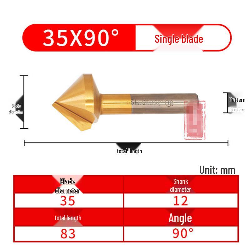 90° Titanium-Coated Chamfering Tool, Single/Three-Flute, 45° Countersink and Deburrer for Stainless Steel.