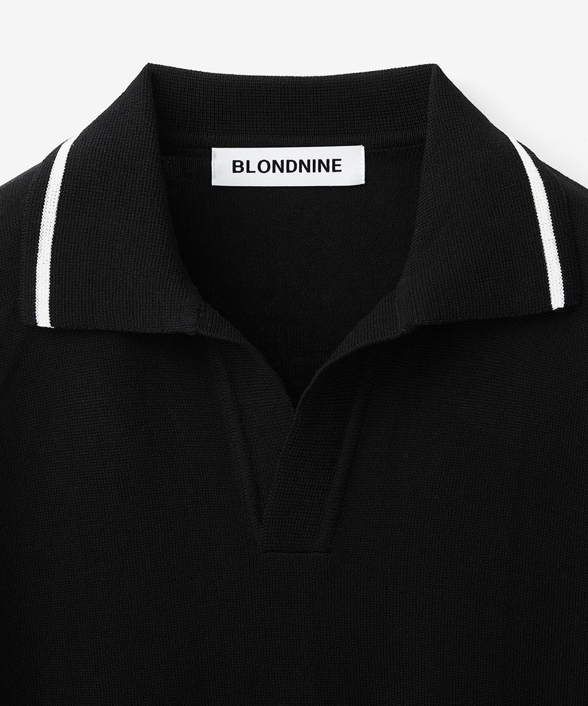 BLOND9 Cotton Varsity Open Collar Short Sleeve Knit_Black