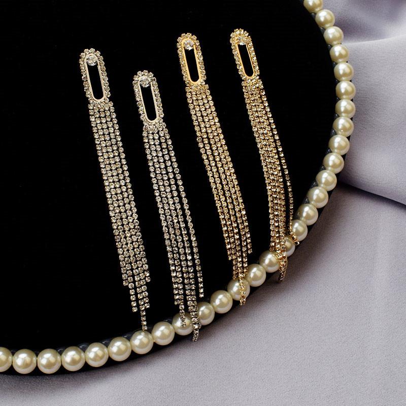 S925 Silver Needle Inlaid Diamond Long Tassel Earrings - Exaggerated European & American Style for Autumn/Winter Evenings
