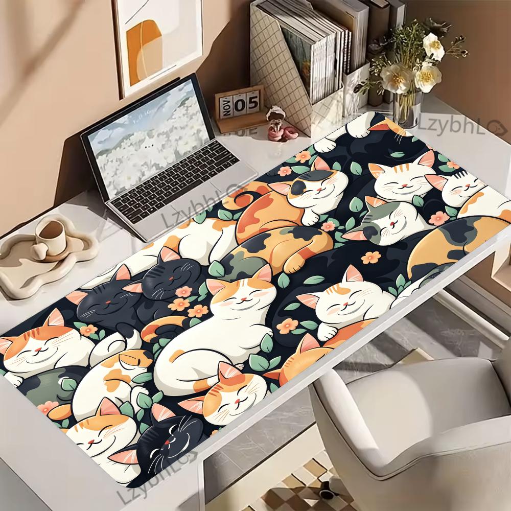 Kawaii Cartoon Cat Large Desk Mat, Black and White Cats Mouse Pad Non-Slip Rubber Keyboard Pad Laptop Office Gaming Table Decor