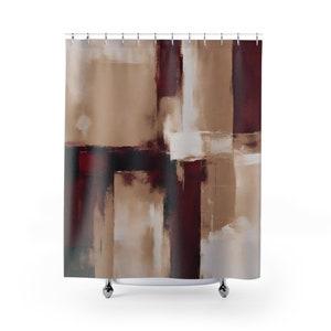 Boho Shower Curtain | Abstract Burgundy Wine Red, Beige Bath Curtain | Minimalist Modern Bathroom, Apartment Home Decor