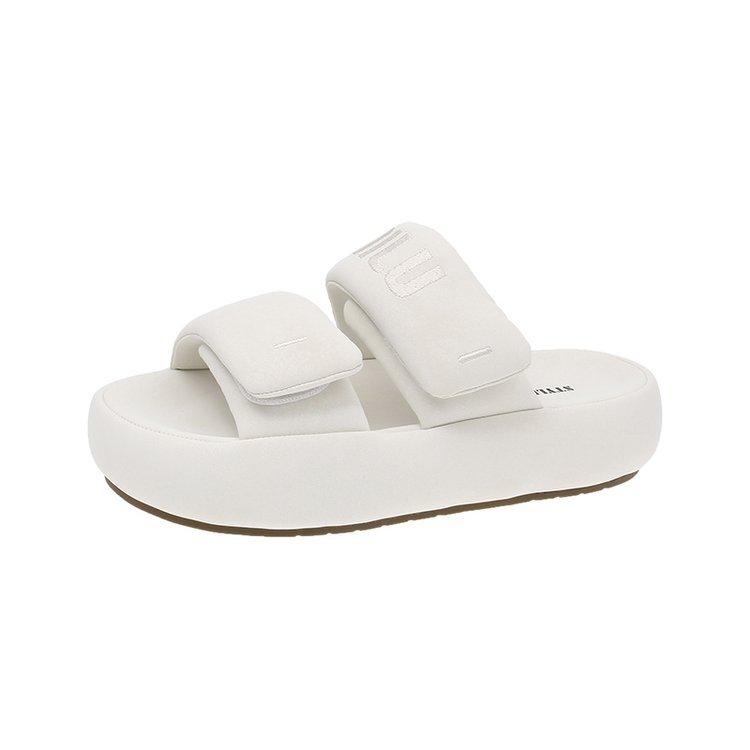 

Маффин на толстой подошве легкий на липучке одно слово женская верхняя одежда 2025 лето новый модный универсальный хлеб крутые тапочки 40 бежевый